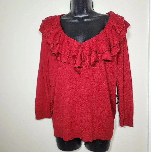 NWT Lauren Ralph Lauren Silk Blend Ruffle Collar Red Blouse sz L - Picture 1 of 8
